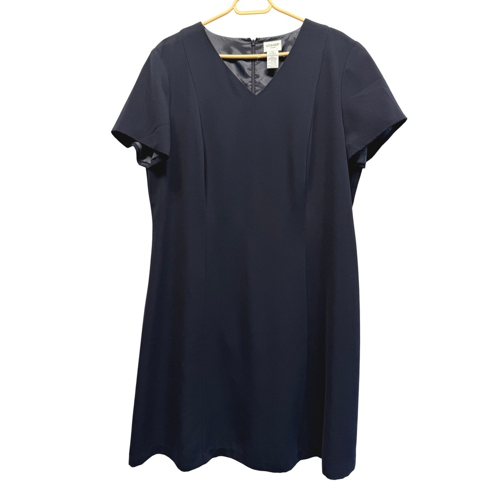 Liz Baker Woman Navy Blue‎ V-Neck Short Sleeve Shift Dress Plus Size 18W Career
